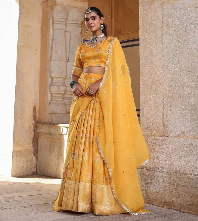 everbloom vrisha yellow jashn floral printed jacquard lehenga set