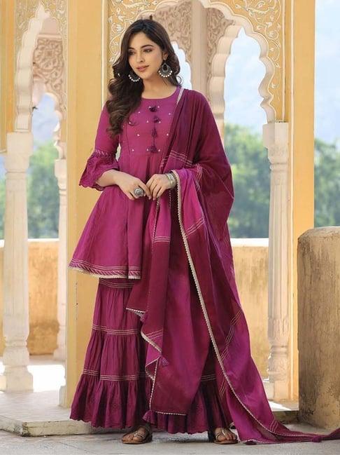 everbloom wine avisha gota lace kurta with sharara & tie-dye dupatta