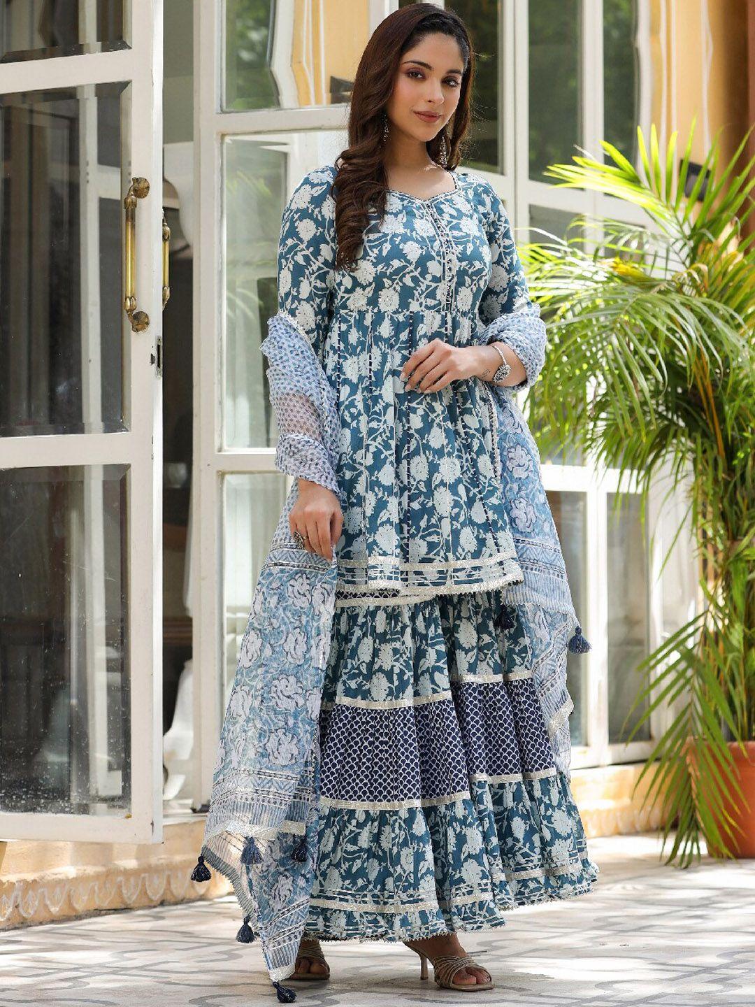 everbloom women blue ethnic motifs printed regular gotta patti pure cotton kurti with sharara & with dupatta
