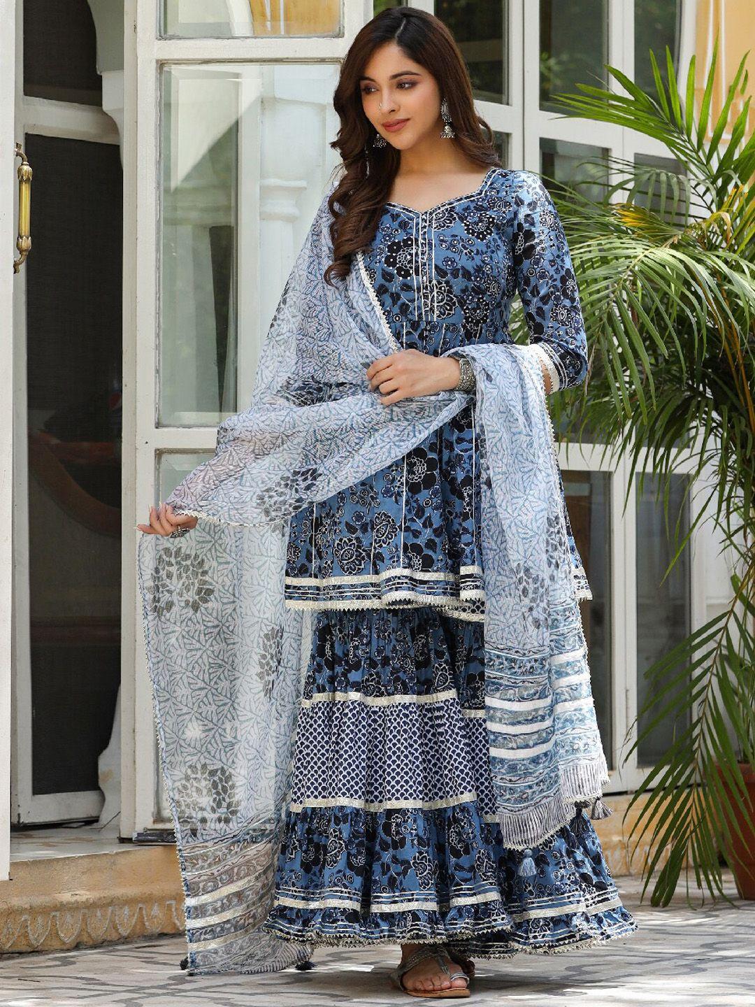 everbloom women blue ethnic motifs printed regular thread work pure cotton kurti with sharara & with dupatta