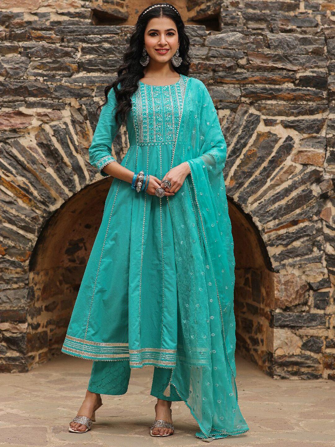 everbloom women green embroidered regular pure cotton kurta with palazzos & with dupatta