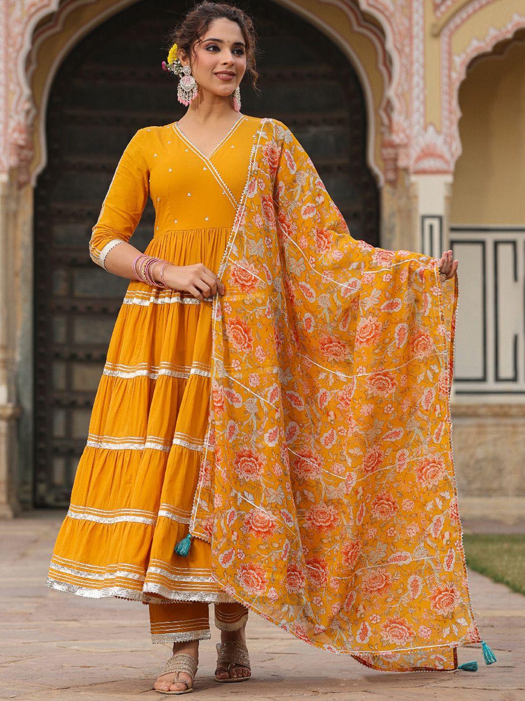 everbloom women mustard yellow embroidered angrakha pure cotton kurta with trousers & with dupatta