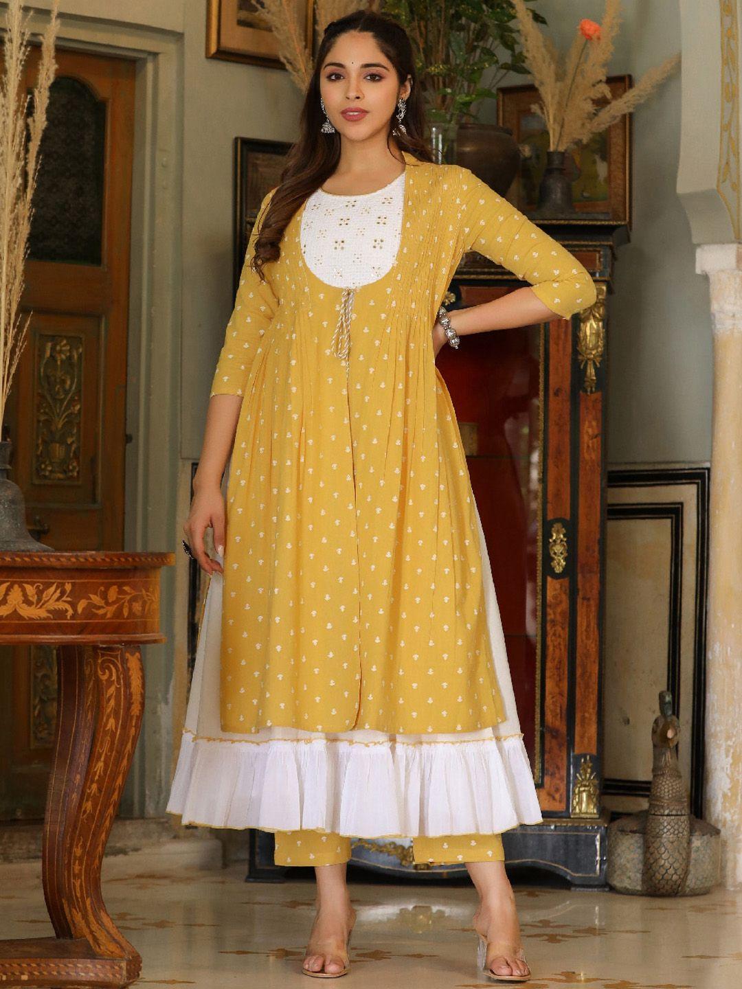 everbloom women mustard yellow yoke design tiered thread work pure cotton kurta with trousers