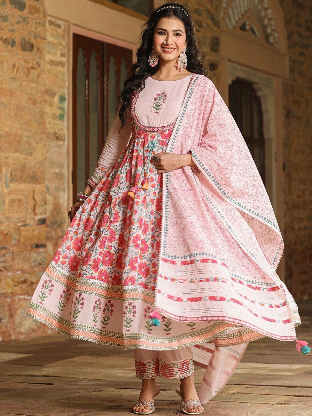 everbloom women pink printed regular thread work pure cotton kurta with trousers & with dupatta