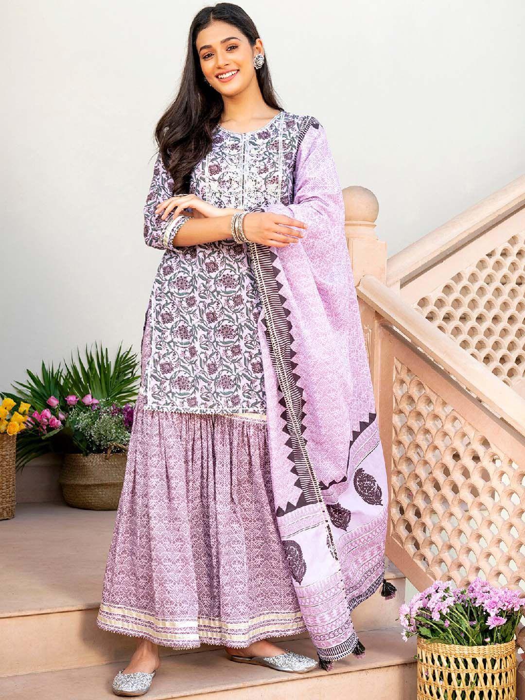 everbloom women purple floral printed regular pure cotton kurta with sharara & with dupatta