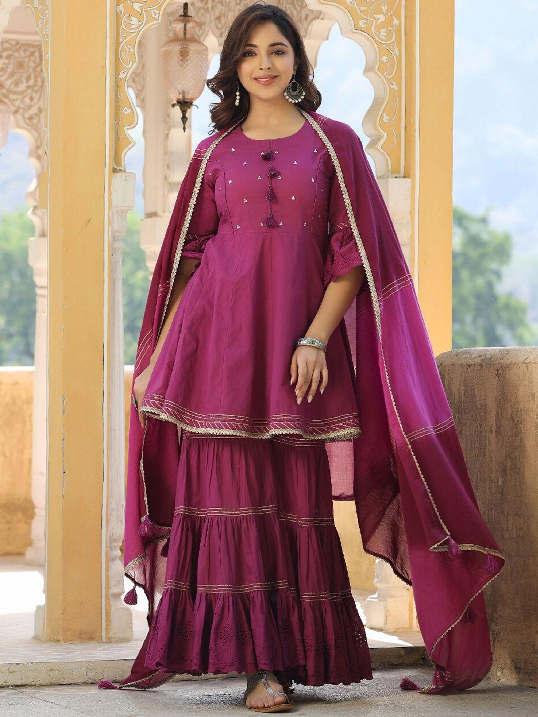 everbloom women purple printed regular thread work pure cotton kurti with sharara & with dupatta