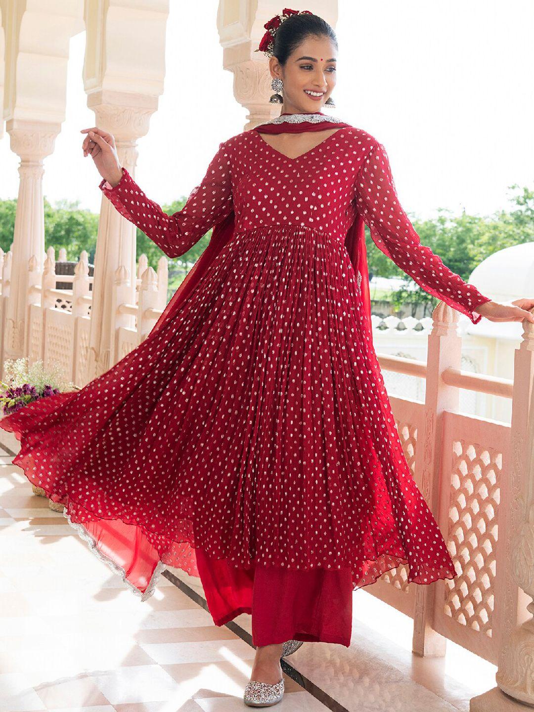 everbloom women red pleated silk chiffon kurta with trousers & with dupatta