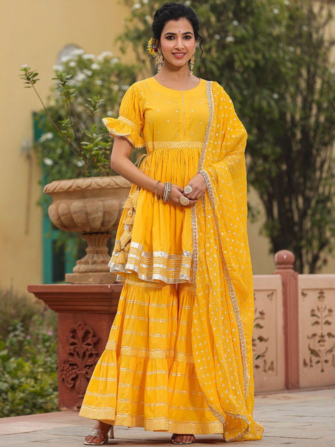 everbloom women yellow embroidered regular pure cotton kurti with sharara & with dupatta