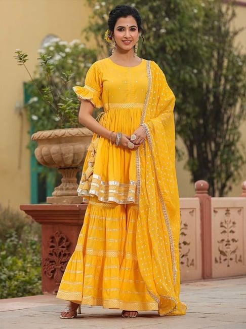 everbloom yellow baawari gota lace kurta with sharara and dupatta