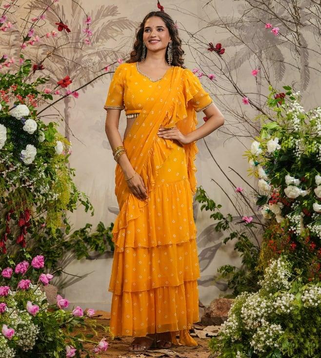 everbloom yellow chandni bandhej pre-draped saree