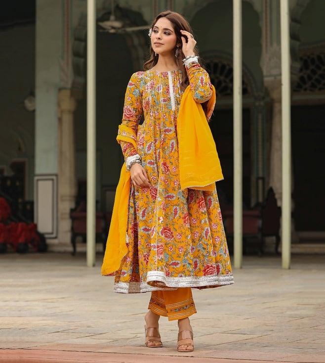 everbloom yellow inaya floral printed anarkali suit set with pant and dupatta