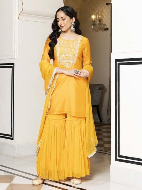 everbloom yellow noori embroidered kurta with sharara & dupatta