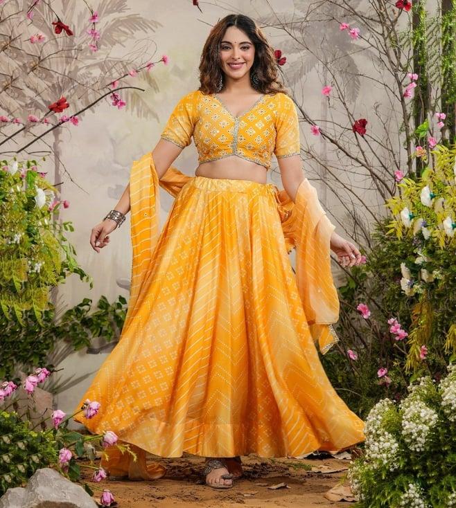 everbloom yellow saaz bandhej lehenga with blouse and dupatta