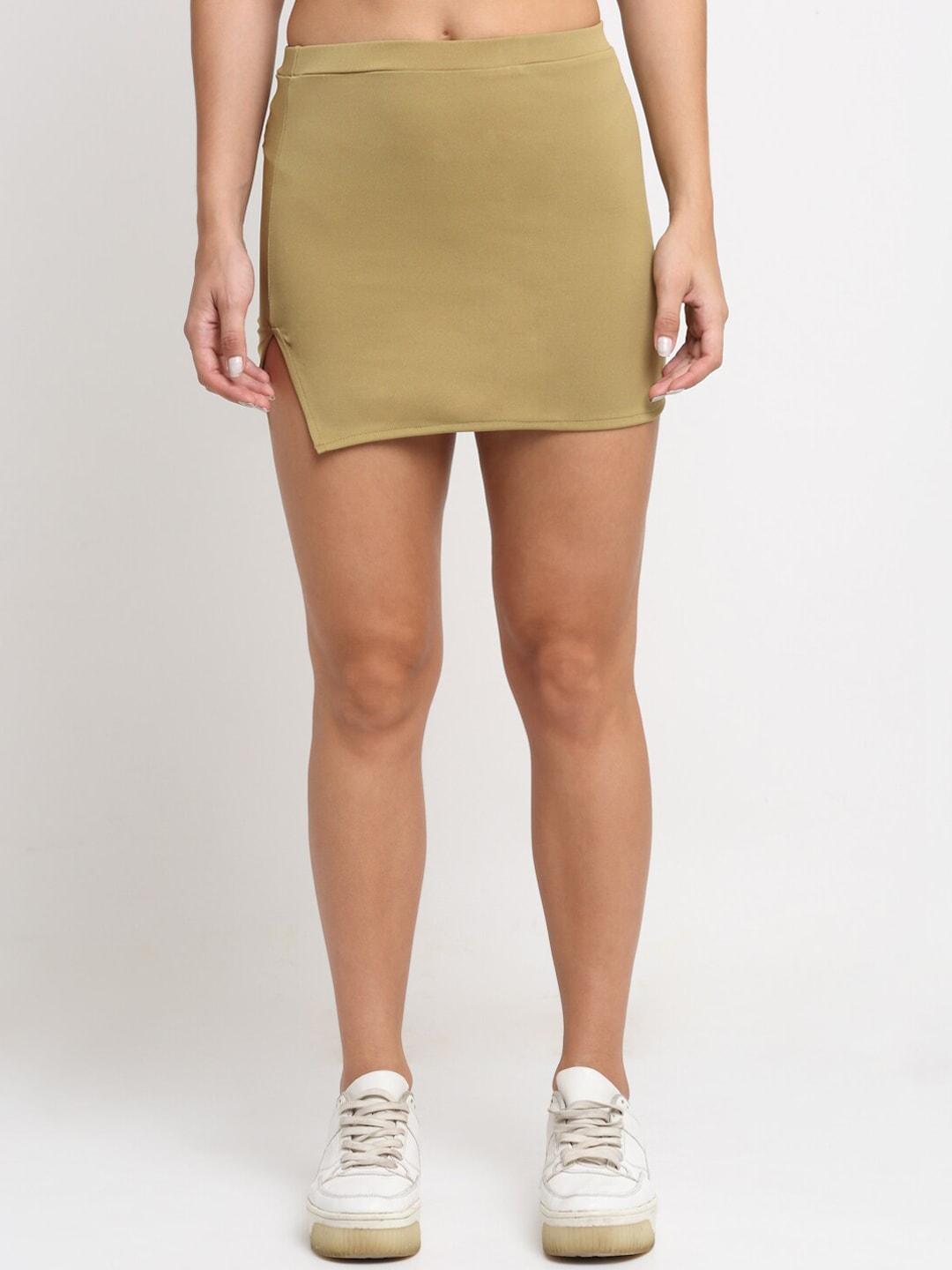 everdion khaki solid high-rise mini side slit skirt
