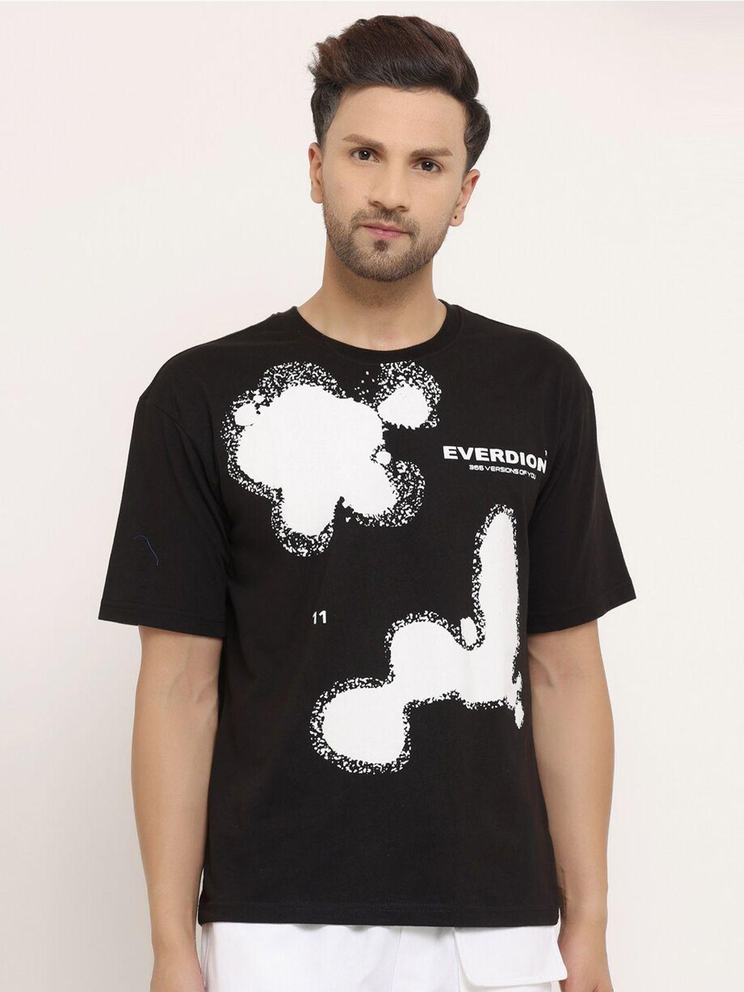 everdion men black & white abstract printed drop shoulder sleeves bio finish loose t-shirt