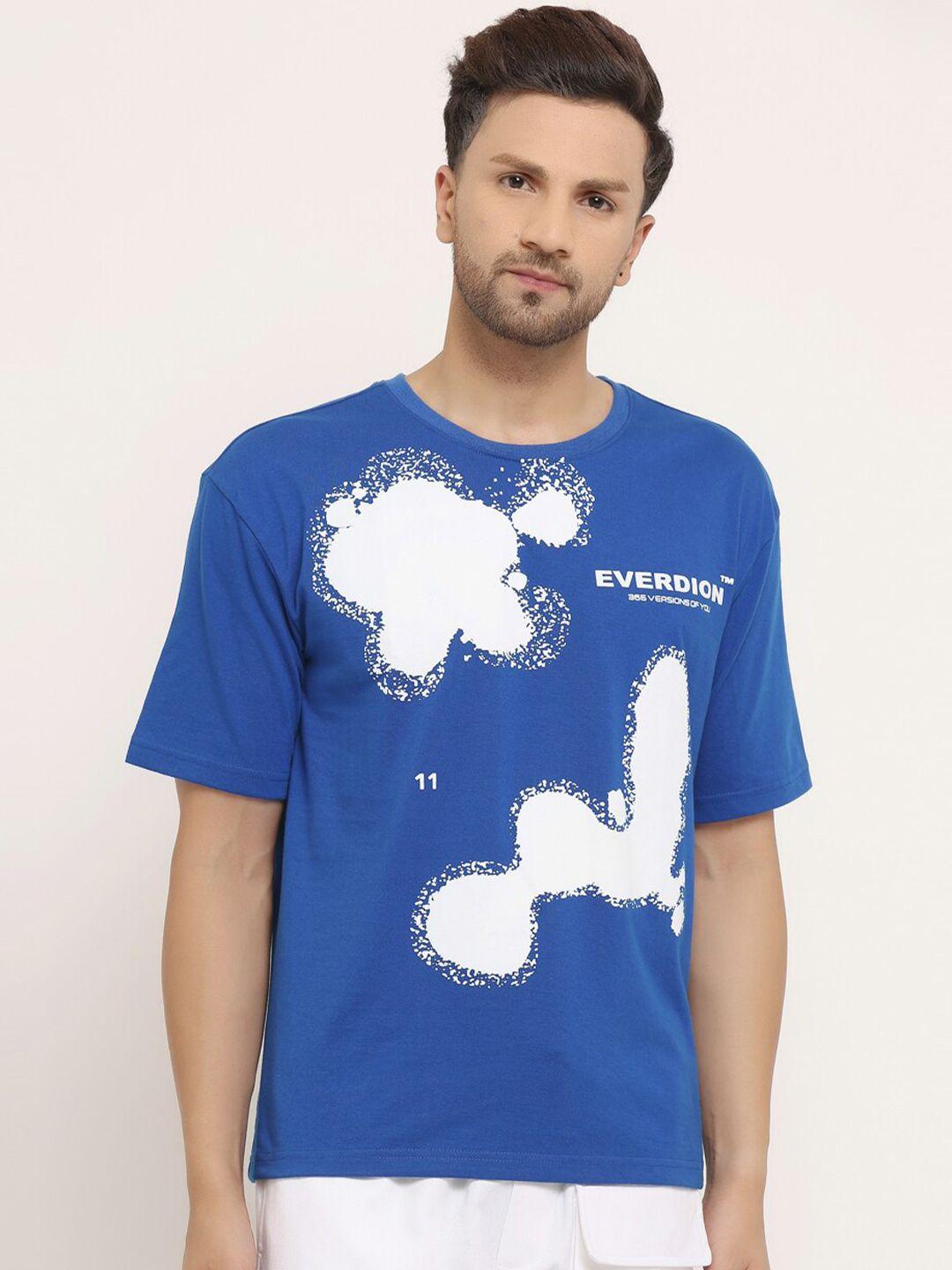 everdion men blue printed drop-shoulder sleeves bio finish loose t-shirt
