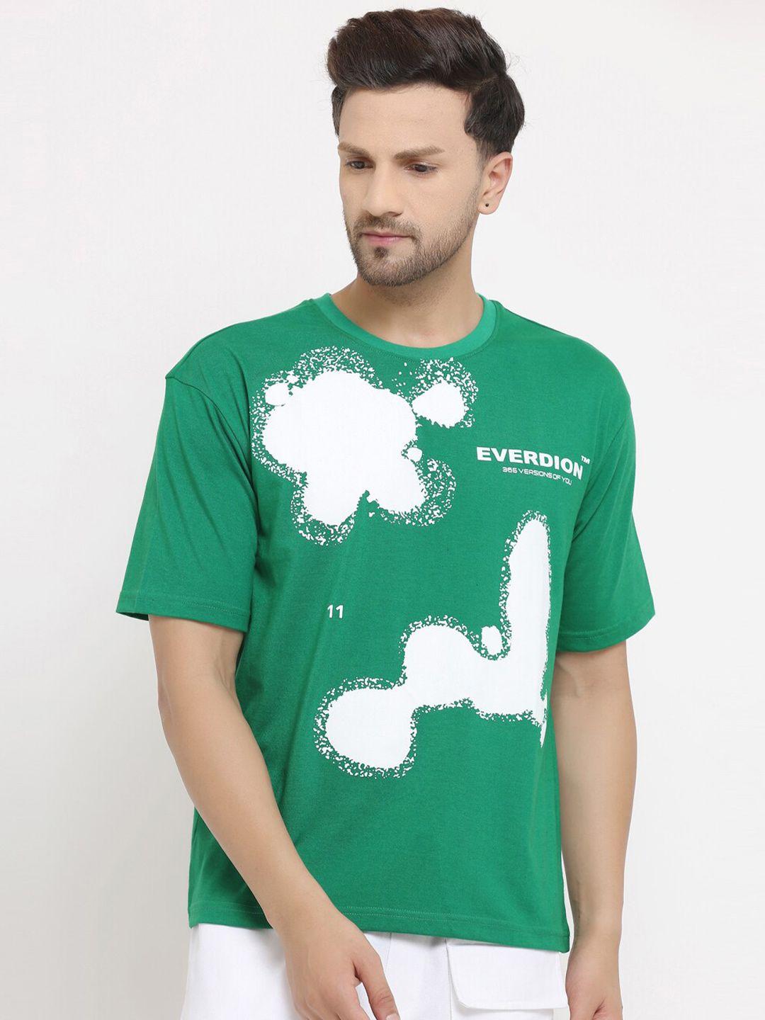 everdion men green printed drop-shoulder sleeves bio finish loose t-shirt