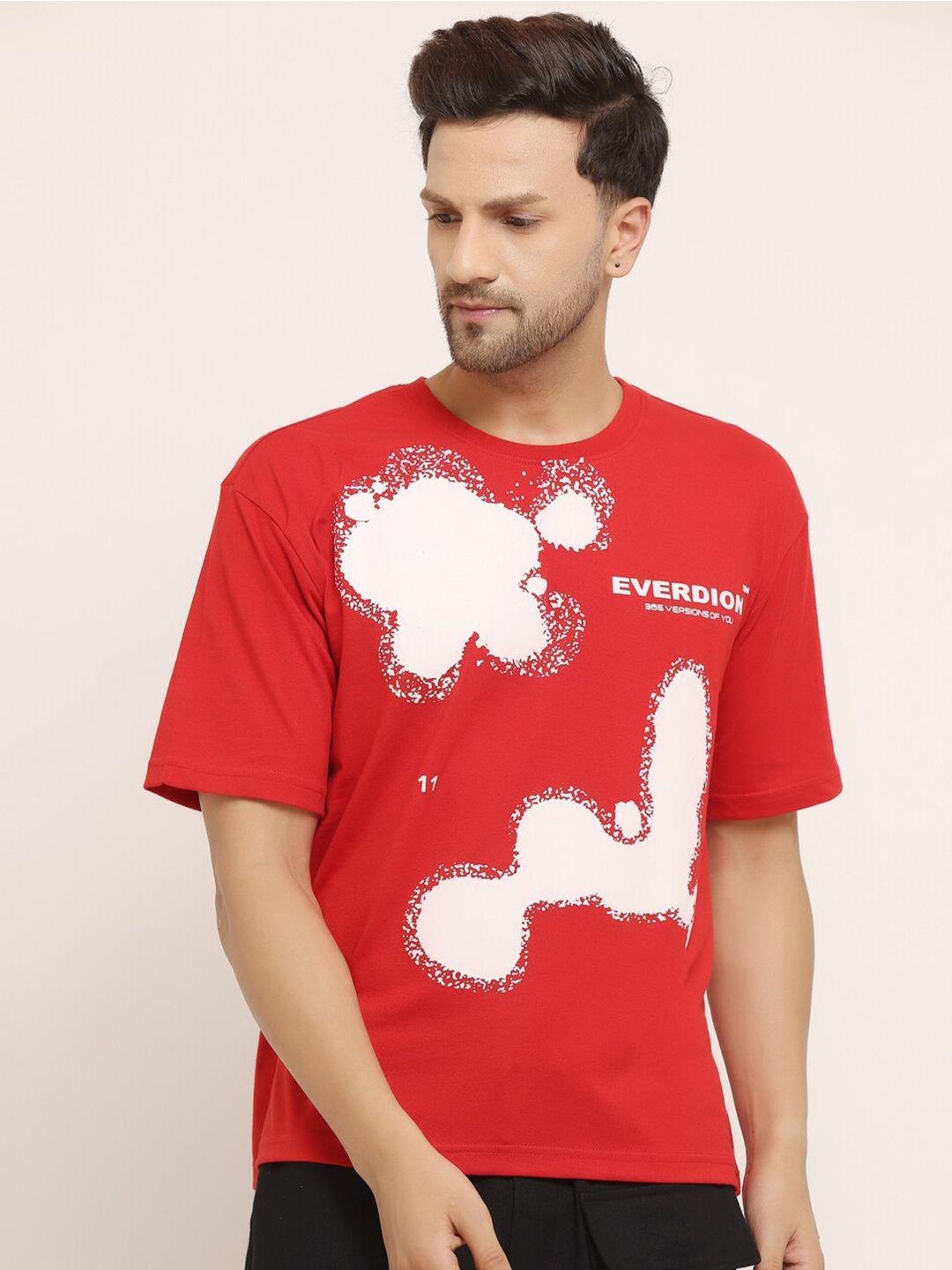 everdion men red abstract printed drop-shoulder sleeves bio finish loose t-shirt