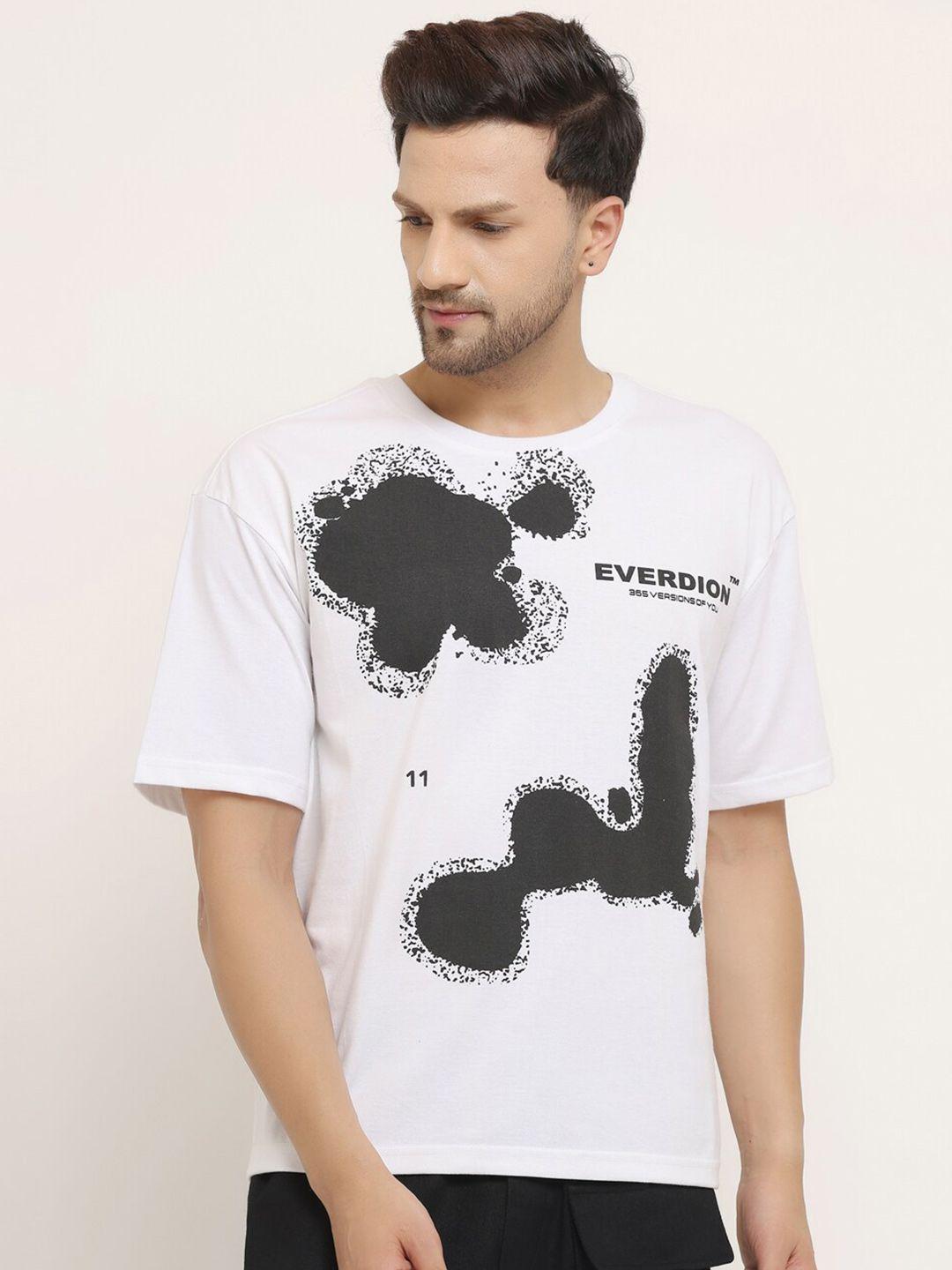 everdion men white & black printed drop-shoulder sleeves bio finish loose t-shirt