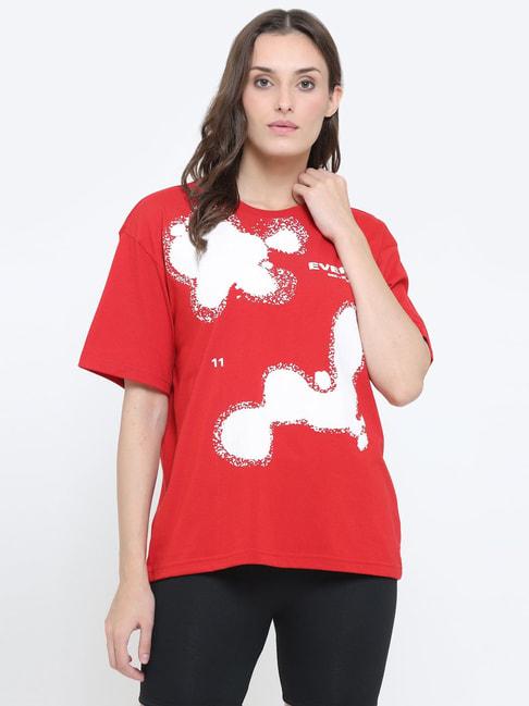 everdion red cotton printed drop shoulder oversized t-shirt