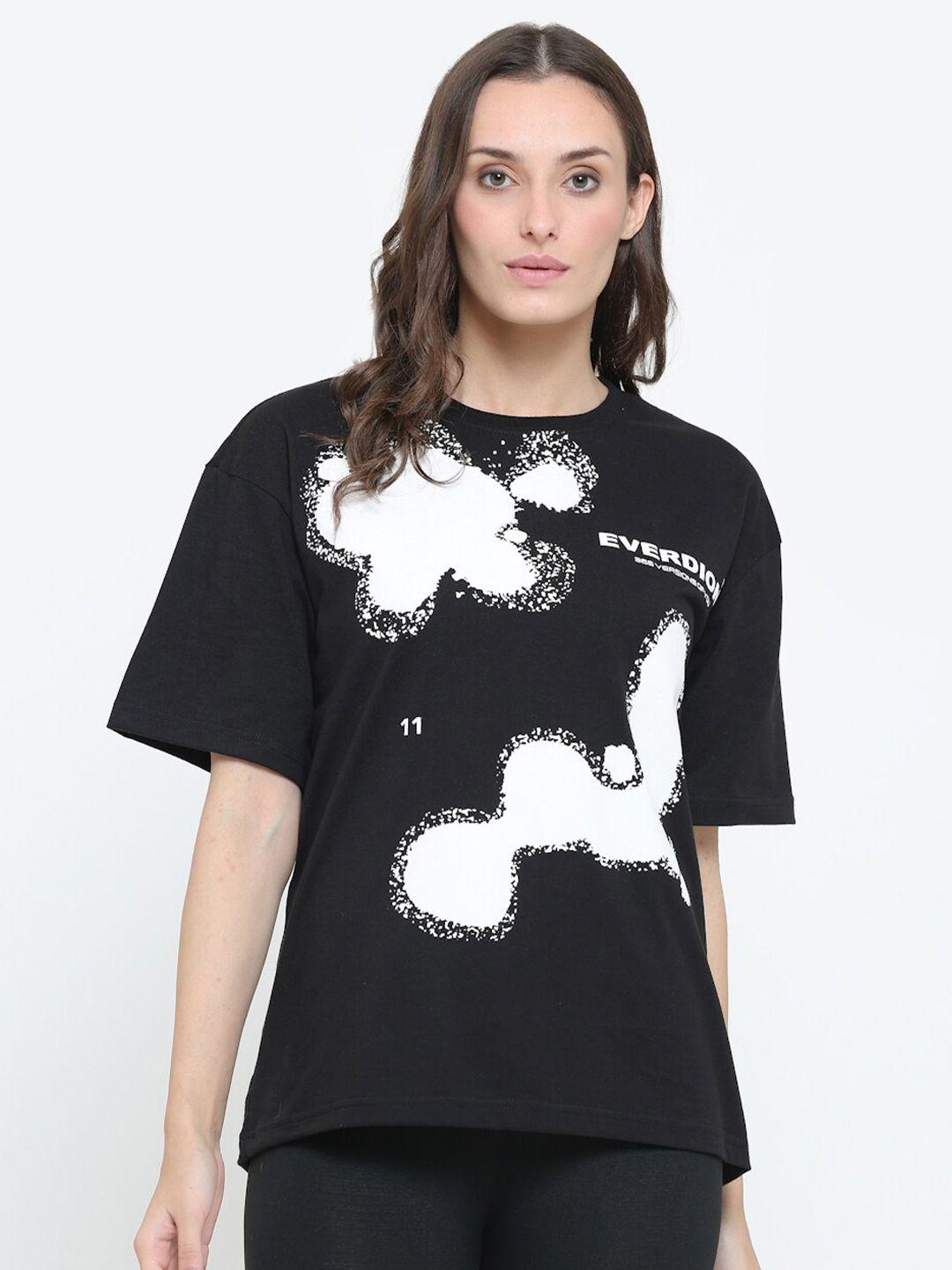everdion women black & white printed drop-shoulder sleeves bio finish loose t-shirt