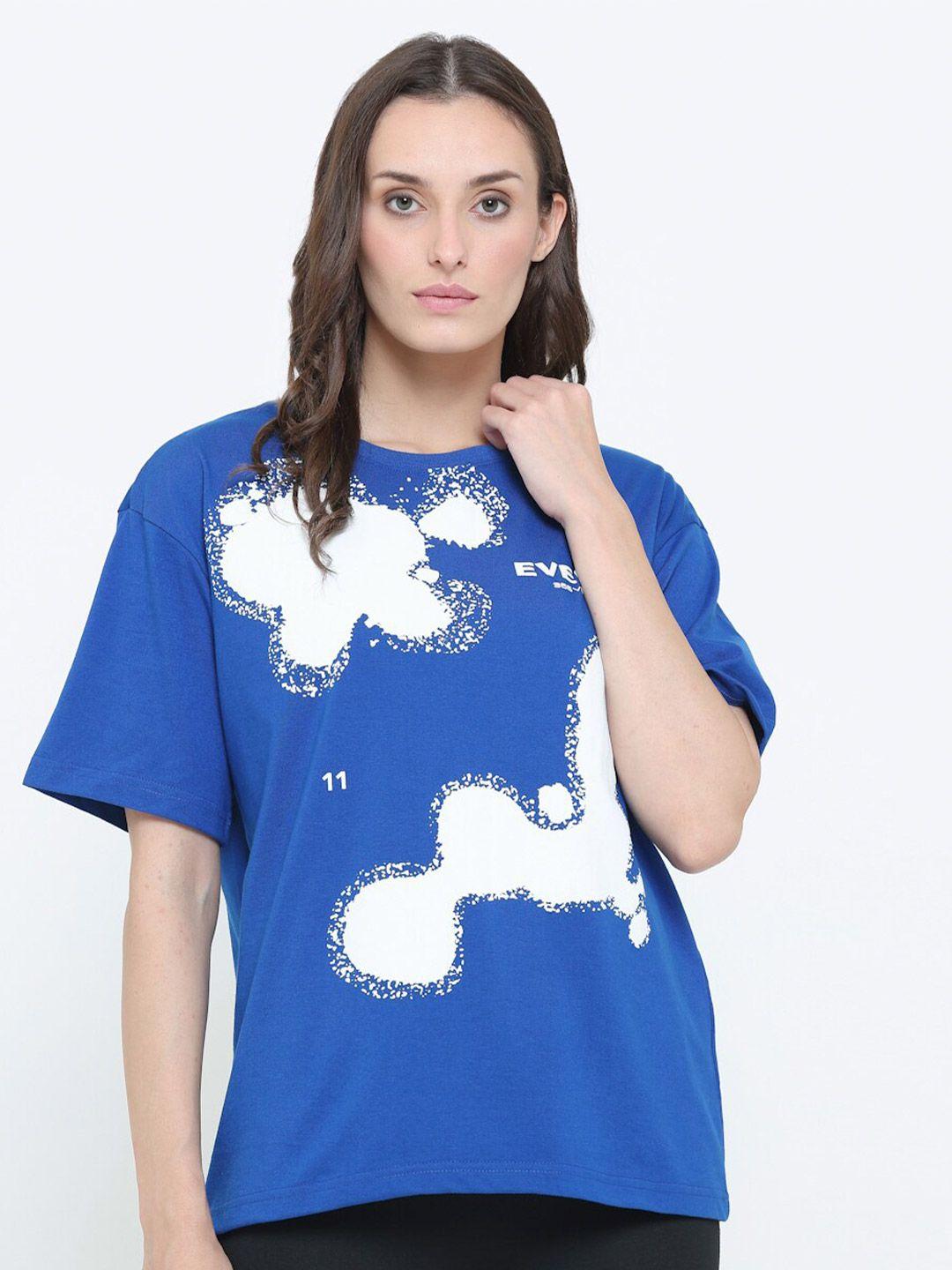 everdion women blue printed drop-shoulder sleeves bio finish loose t-shirt