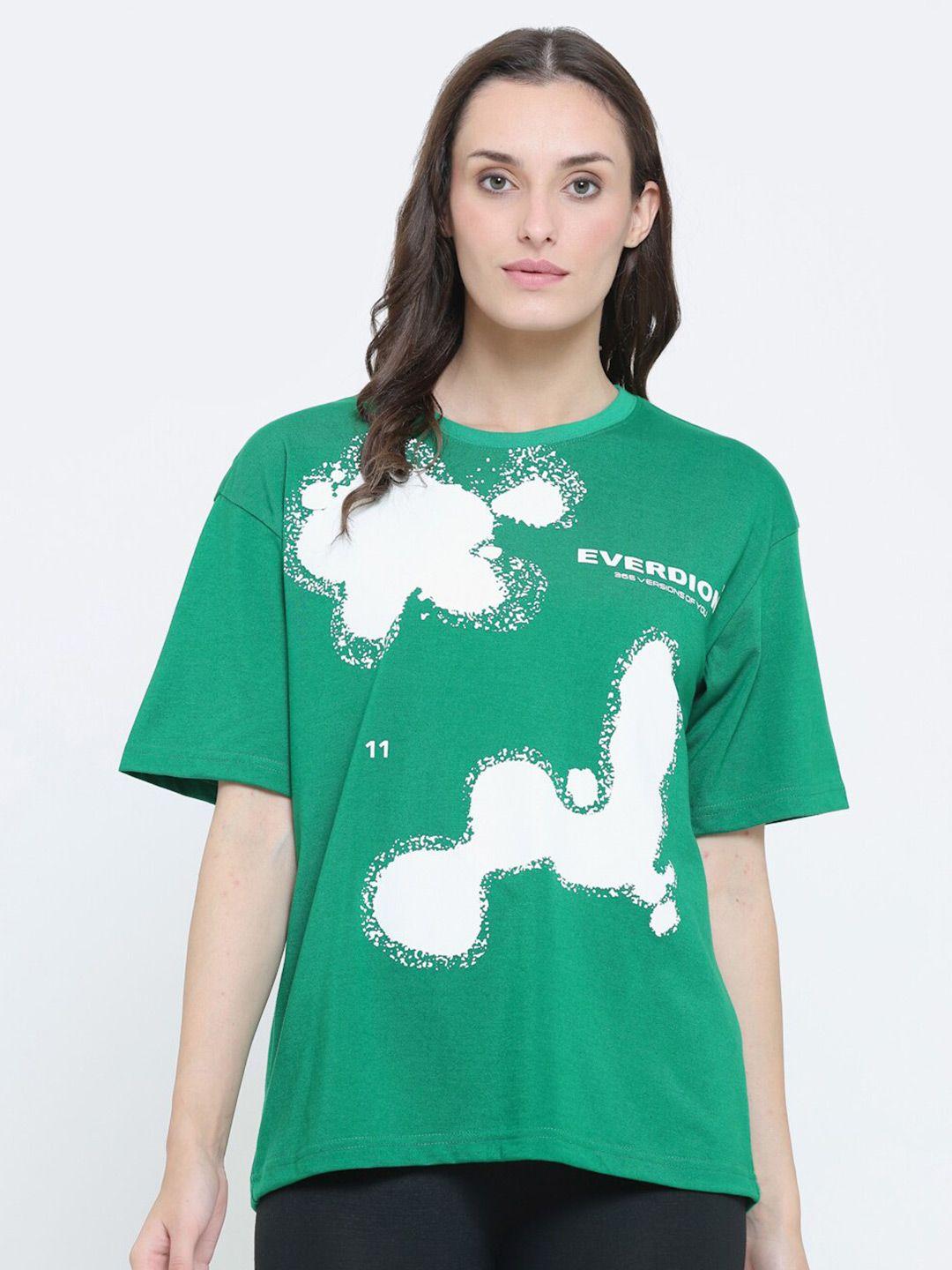 everdion women green & white printed drop-shoulder sleeves bio finish loose t-shirt