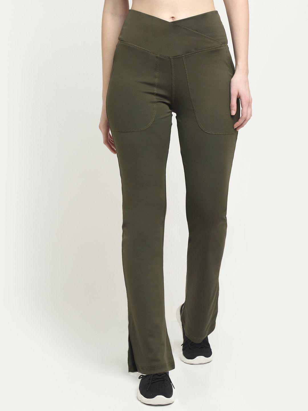 everdion women olive green solid flared track pants