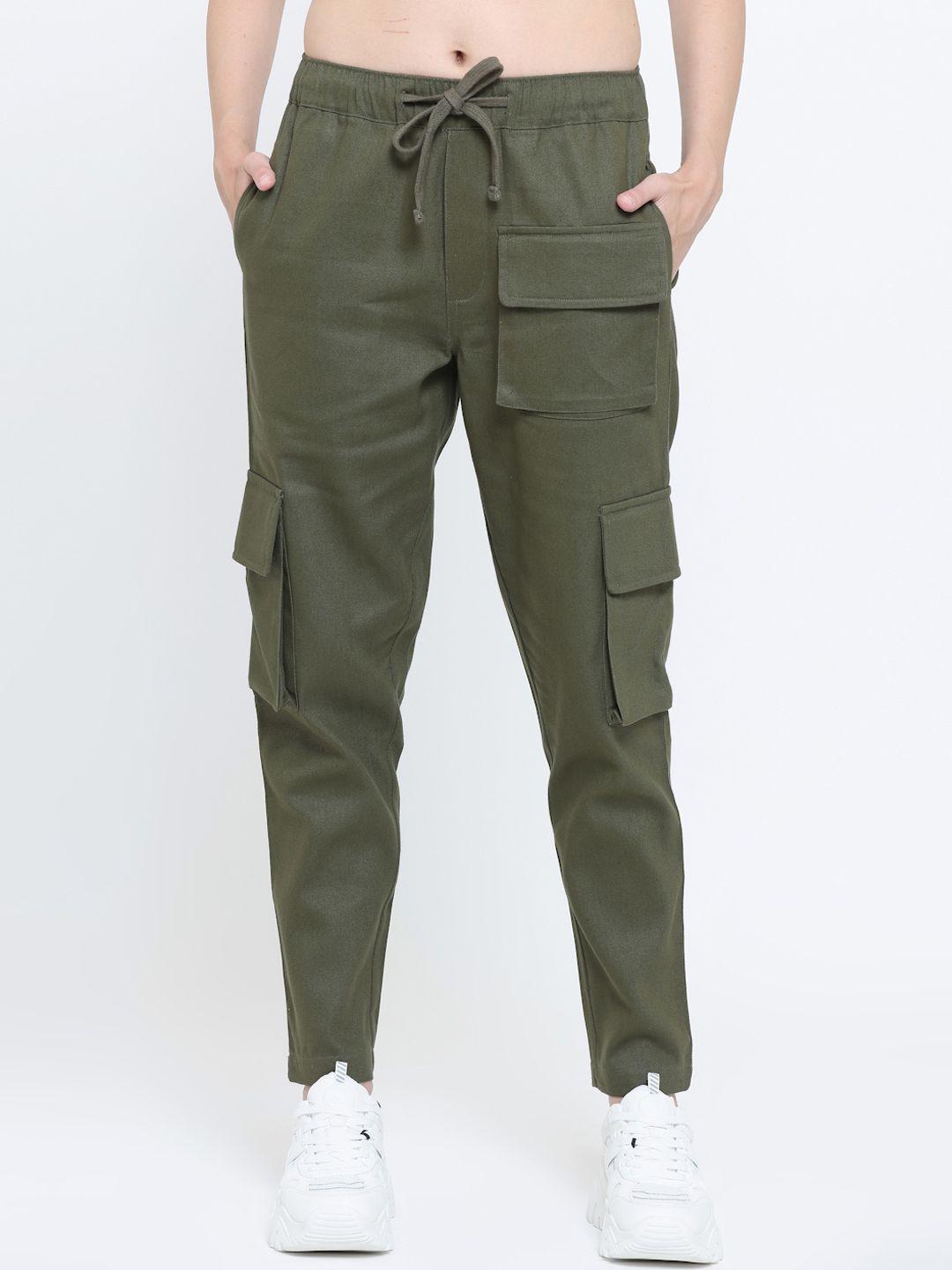 everdion women olive green solid relaxed straight leg cargos trousers
