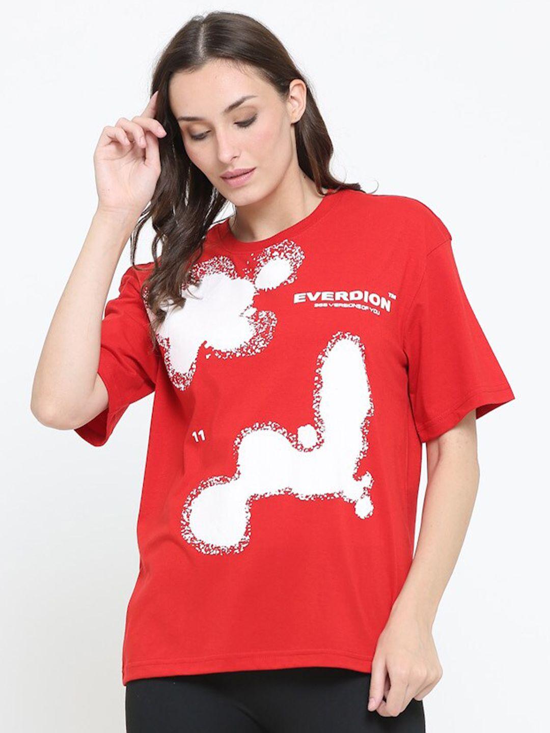 everdion women red & white printed drop-shoulder sleeves bio finish loose t-shirt