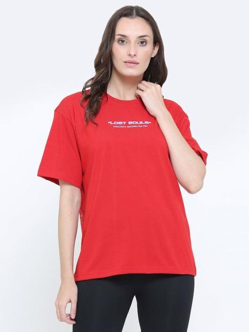 everdion red cotton graphic print drop shoulder oversized t-shirt