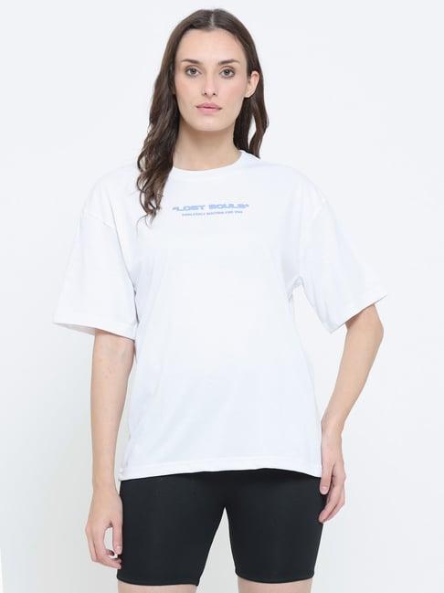 everdion white cotton graphic print drop shoulder oversized t-shirt