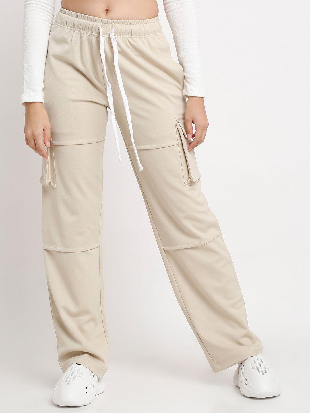 everdion women beige relaxed straight leg straight fit high-rise cargos trousers