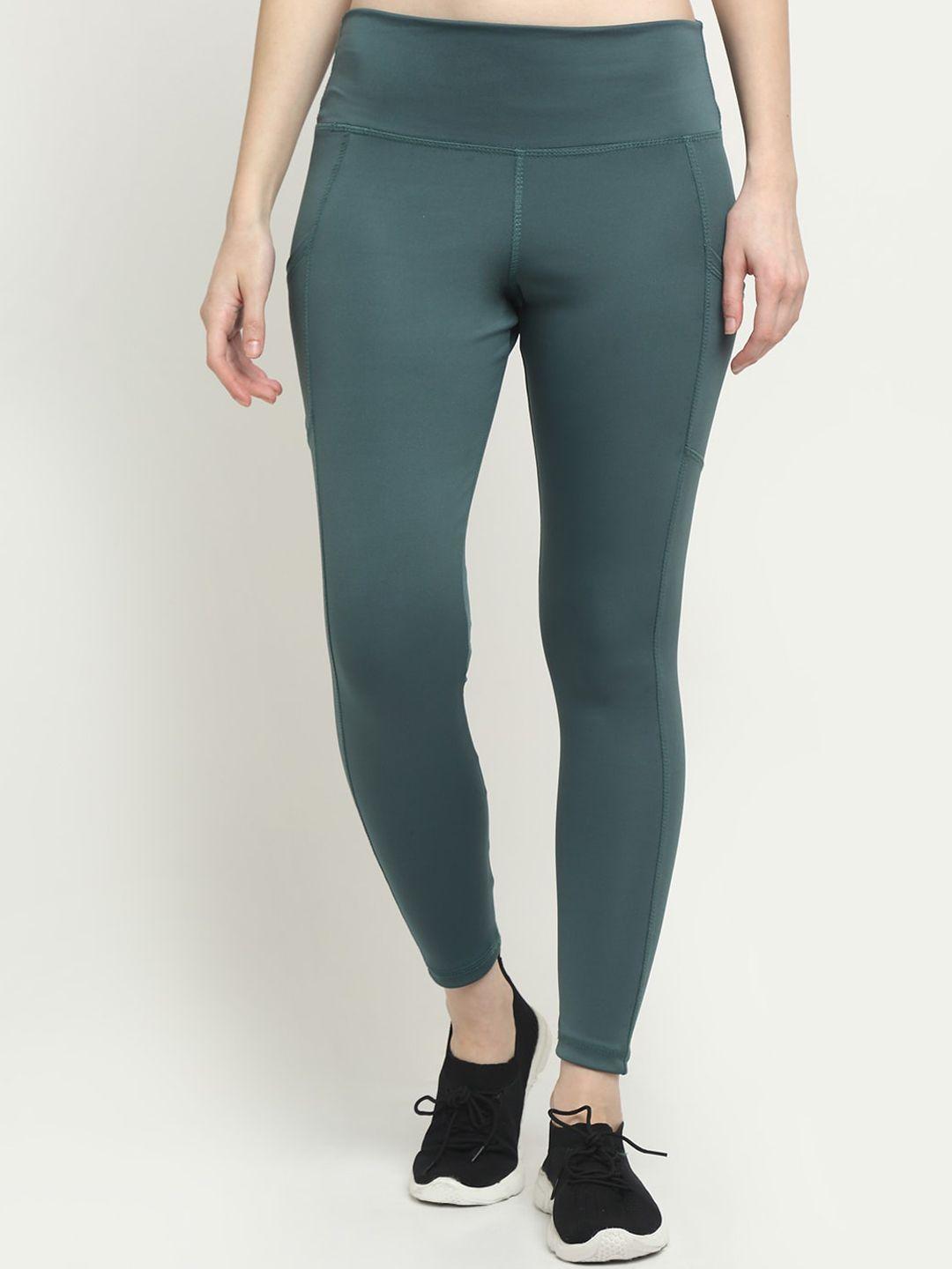 everdion women teal-green solid slim-fit ankle-length tights