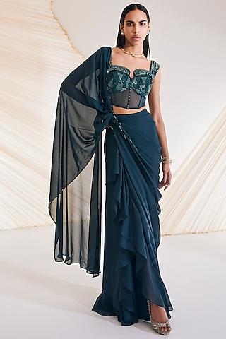 evergreen satin & tulle georgette draped saree set