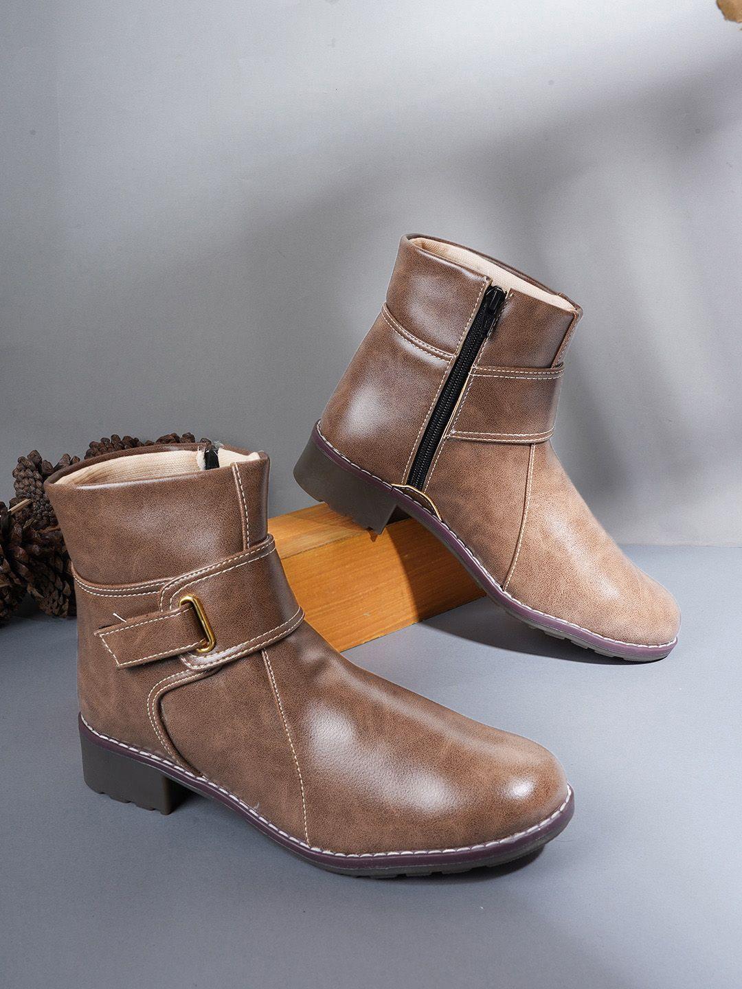 everly women brown solid leather ankle boots