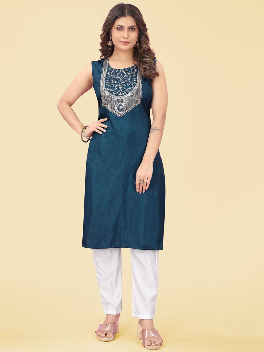 evermore floral embroidered regular thread work straight kurta with trousers