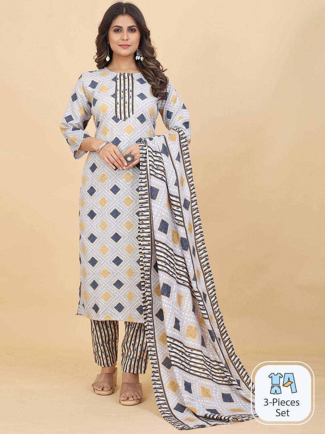 evermore geometric printed regular straight kurta & trousers with dupatta