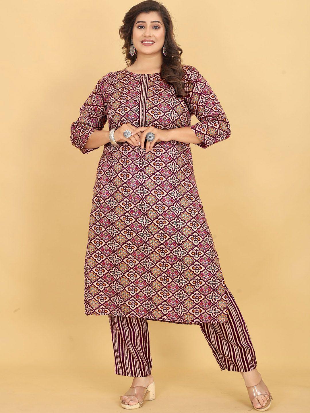 evermore women burgundy floral printed regular kurti with trousers