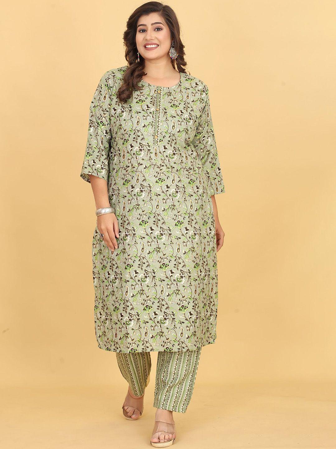 evermore women green floral printed regular kurta with trousers