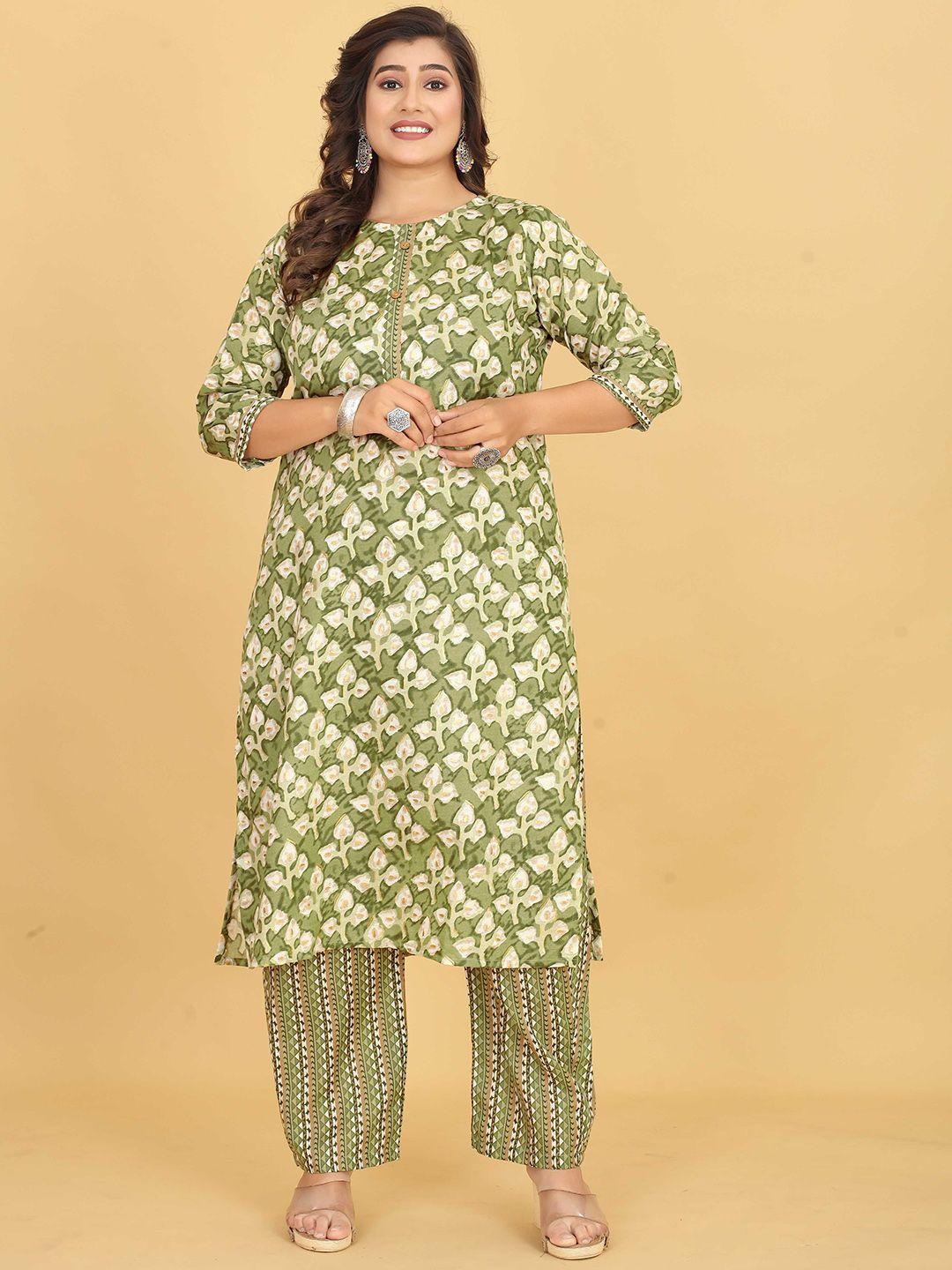 evermore women green floral printed regular kurti with trousers