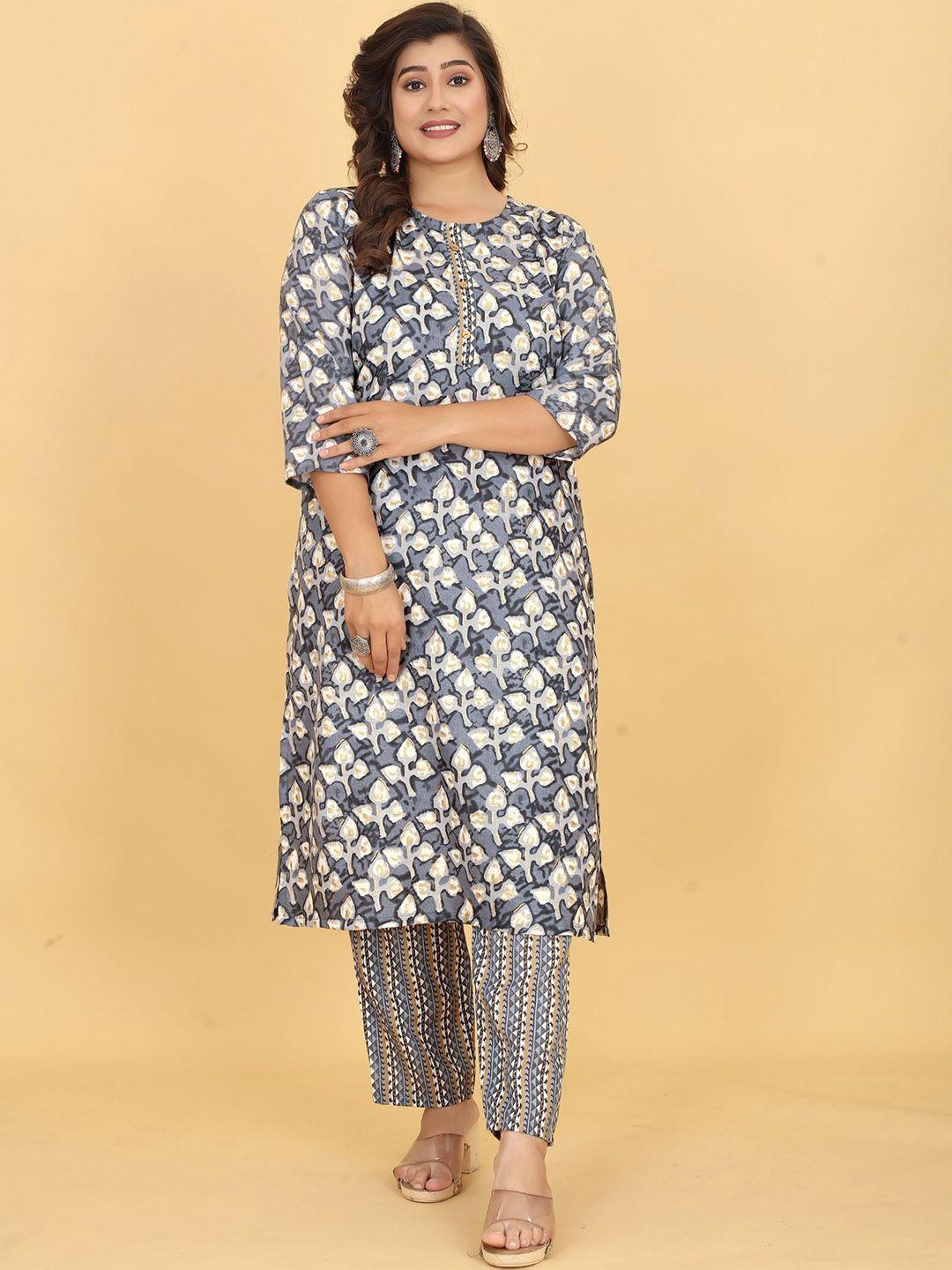 evermore women grey floral printed regular kurta with trousers