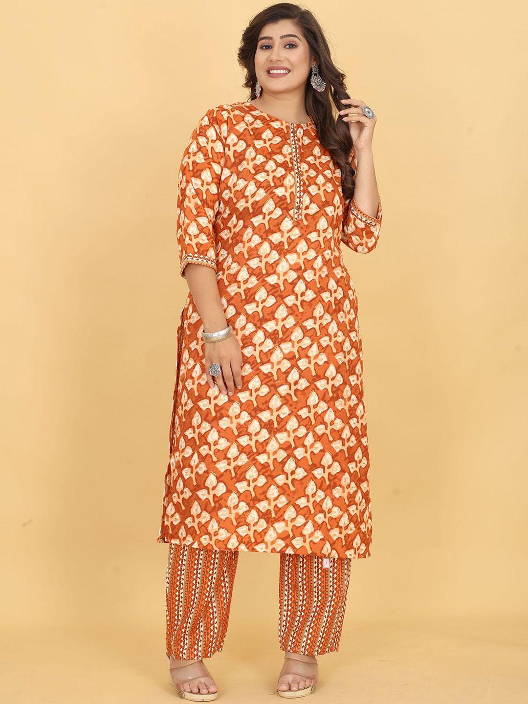 evermore women orange floral printed regular kurti with trousers