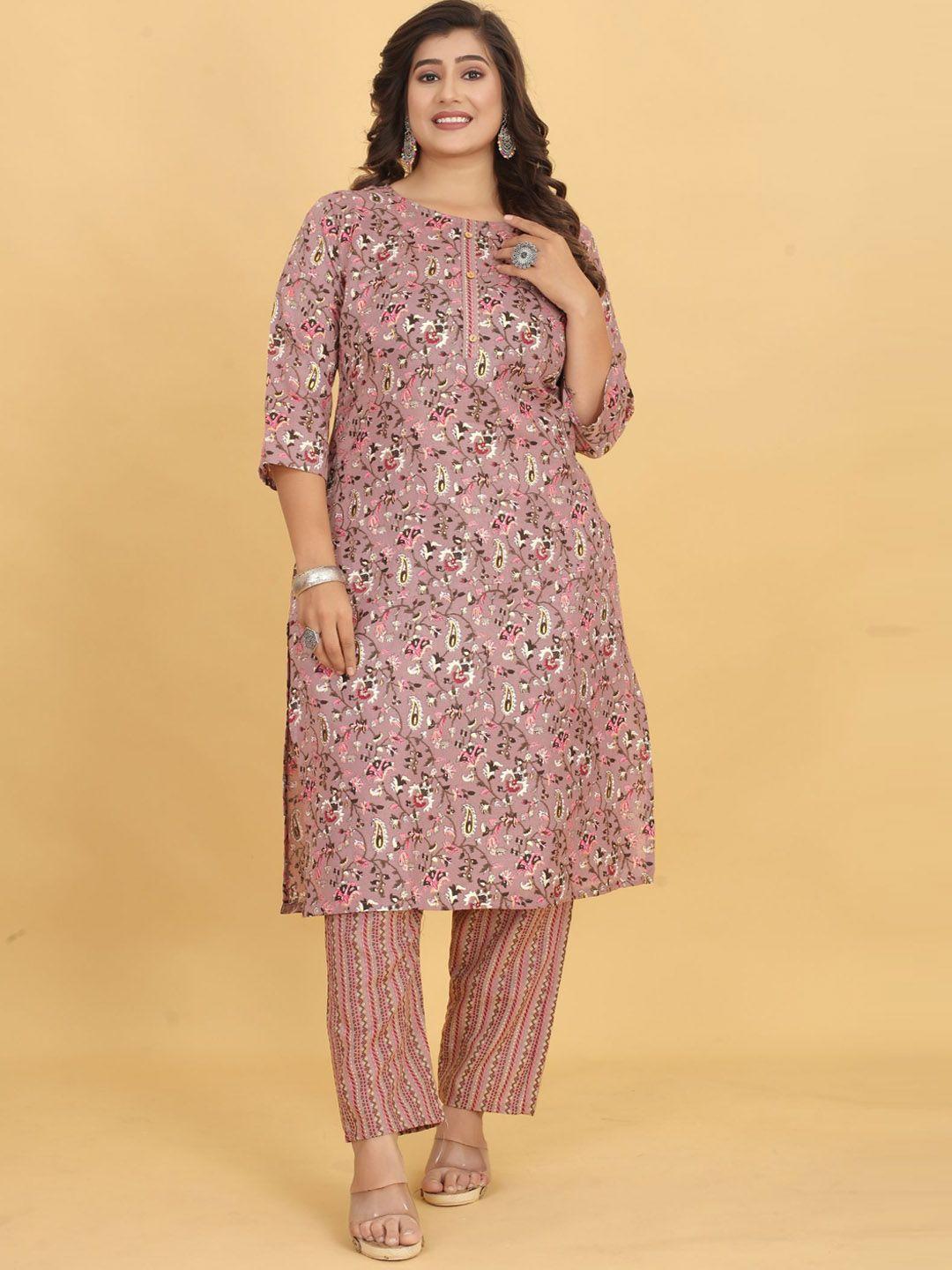 evermore women pink floral printed regular kurta with trousers