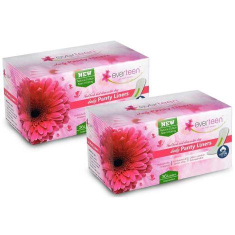 everteen 100% natural cotton-top daily panty liners for women - 2 packs (36pcs each)