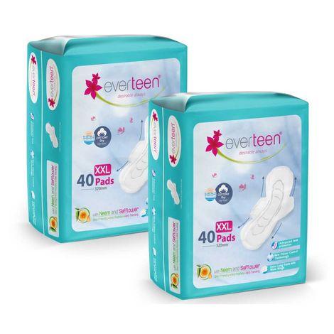 everteen xxl sanitary napkin pads with cottony-dry top layer for women, enriched with neem and safflower – 2 packs (40 pads each, 320mm)