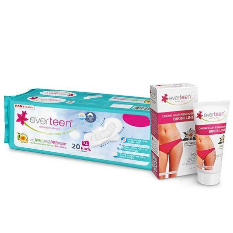 everteen combo bikini line hair remover cream 50g & xl dry sanitary napkin pads
