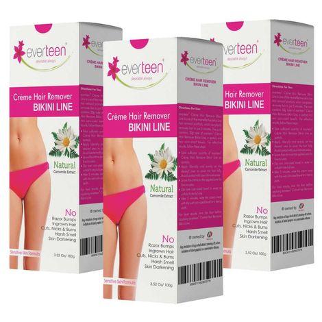 everteen natural hair removal cream with chamomile for bikini line & underarms in women and girls | no harsh smell, no skin darkening, no rashes | 3 pack 300g with spatula and coin tissues