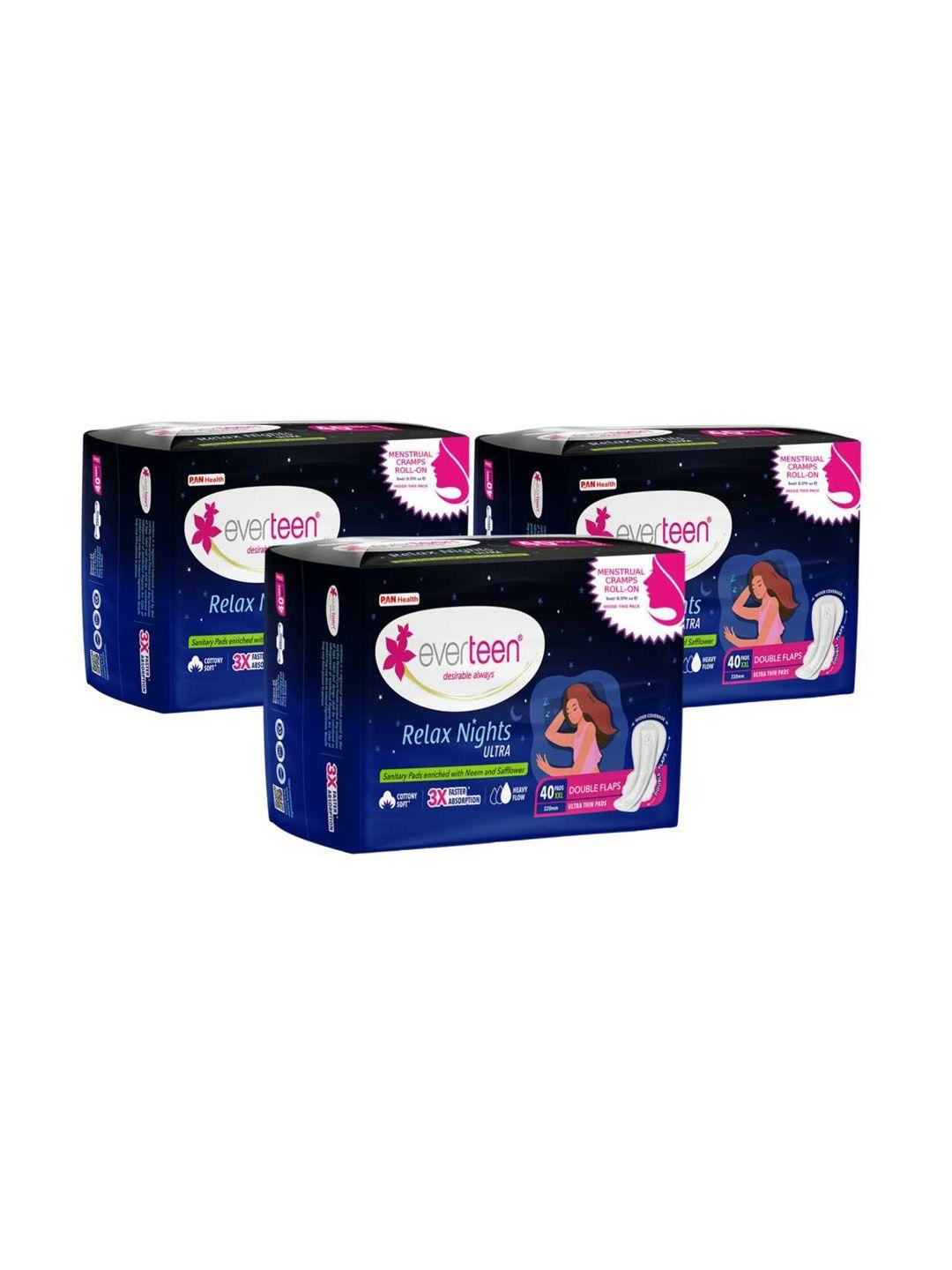 everteen set of 3 relax nights ultra sanitary pads xxl with cramps roll on - 40 pads each