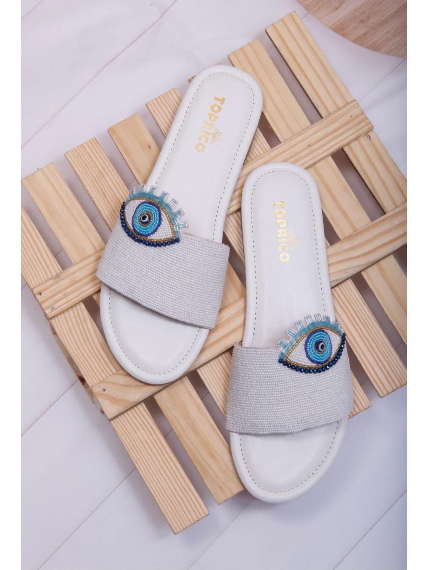 evil eye beads embroidered white flat